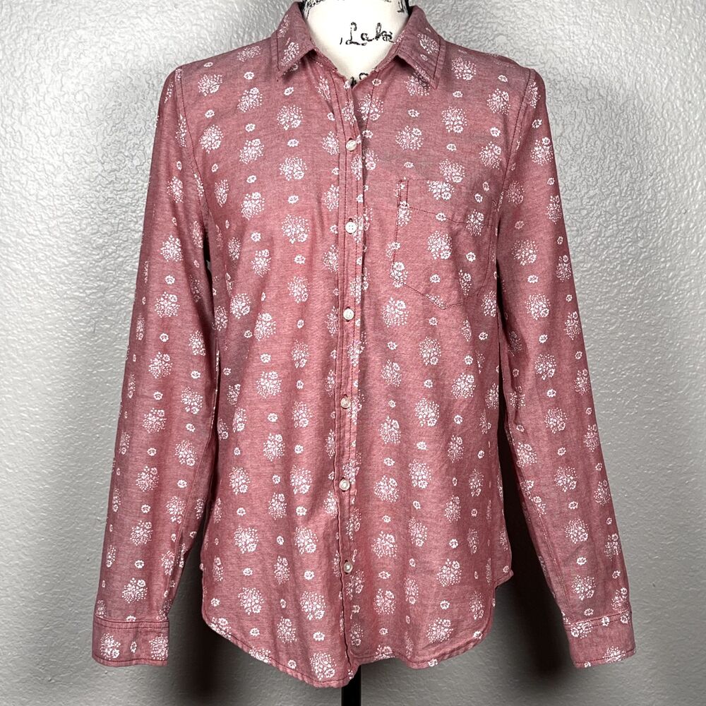 Old Navy Sz M Pink Flower Power Long Sleeve Button Down Shirt Pocket Cotton